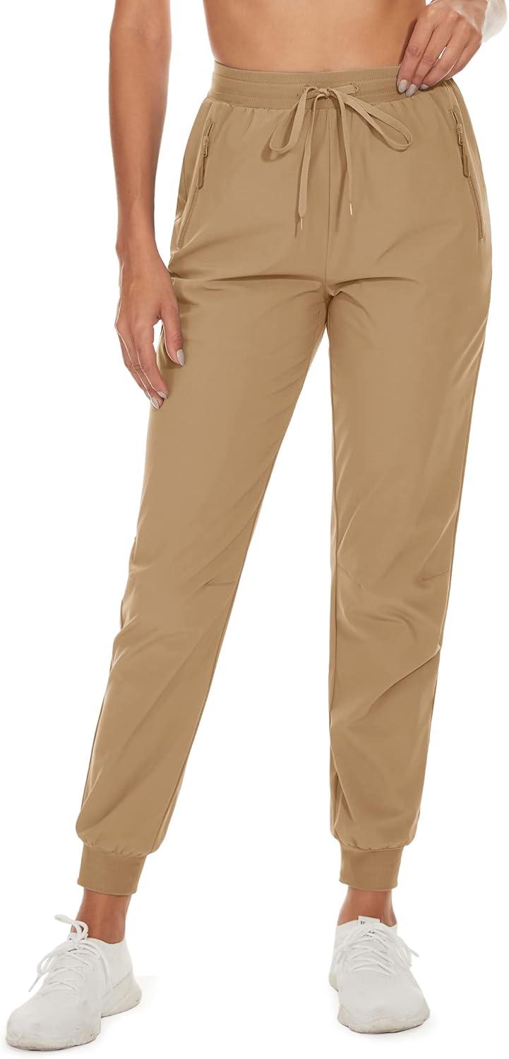 imageTACVASEN Womens Gym Athletic Joggers Pants Water Resistant Performance Fall Hiking Cargo Pants with Zipper Pockets Khaki