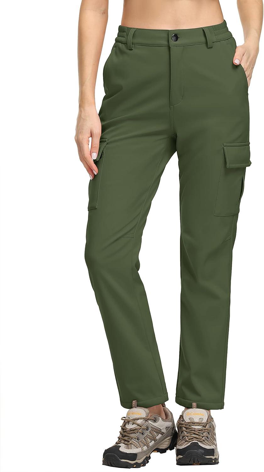 imageTACVASEN Womens Hiking Pants Warm Fleece Water Resistant Windproof Snow Ski Pants Army Green L