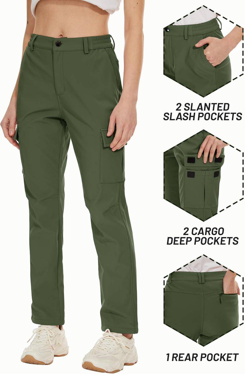 imageTACVASEN Womens Hiking Pants Warm Fleece Water Resistant Windproof Snow Ski Pants Army Green L