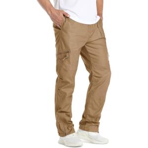 imageTACVASEN Mens Cotton Cargo Long Pants 9 Pockets Elastic Waist Military Work Hiking Outdoor PantsNo BeltBrown