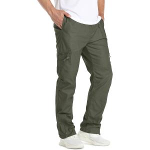 imageTACVASEN Mens Cotton Cargo Long Pants 9 Pockets Elastic Waist Military Work Hiking Outdoor PantsNo BeltGreen