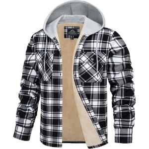 imageTACVASEN Mens Flannel Jacket with Pockets Shacket Plaid Shirts Fleece Padded shirt Button Down Jackets with HoodBlack and White