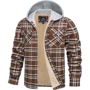 imageTACVASEN Mens Flannel Jacket with Pockets Shacket Plaid Shirts Fleece Padded shirt Button Down Jackets with HoodBrown Khaki