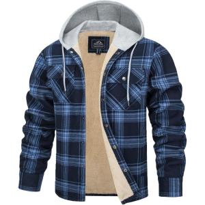 imageTACVASEN Mens Flannel Jacket with Pockets Shacket Plaid Shirts Fleece Padded shirt Button Down Jackets with HoodNavy Gray Blue