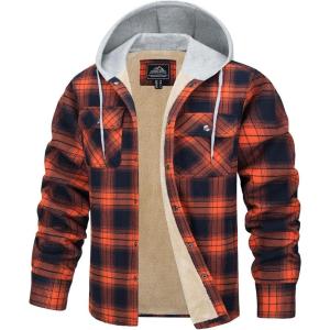 imageTACVASEN Mens Flannel Jacket with Pockets Shacket Plaid Shirts Fleece Padded shirt Button Down Jackets with HoodOrange Navy Blue