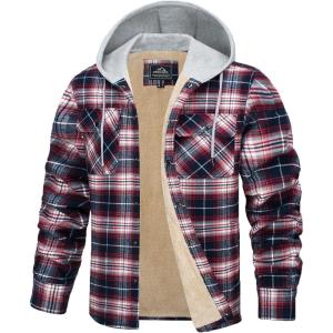 imageTACVASEN Mens Flannel Jacket with Pockets Shacket Plaid Shirts Fleece Padded shirt Button Down Jackets with HoodRed White Navy