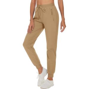 imageTACVASEN Womens Gym Athletic Joggers Pants Water Resistant Performance Fall Hiking Cargo Pants with Zipper Pockets Khaki