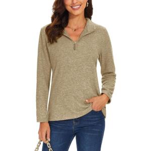 imageTACVASEN Womens Quarter Zip Pullover Sweatshirt Fleece Casual Long Sleeve Spring Fall Running Workout TopsKhaki
