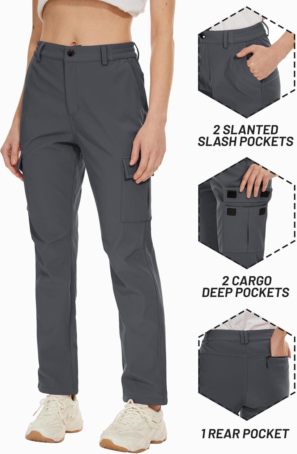 imageTACVASEN Hiking Pants for Women Warm Fleece Lining Soft Shell Pants Multi Pockets Dark Grey S