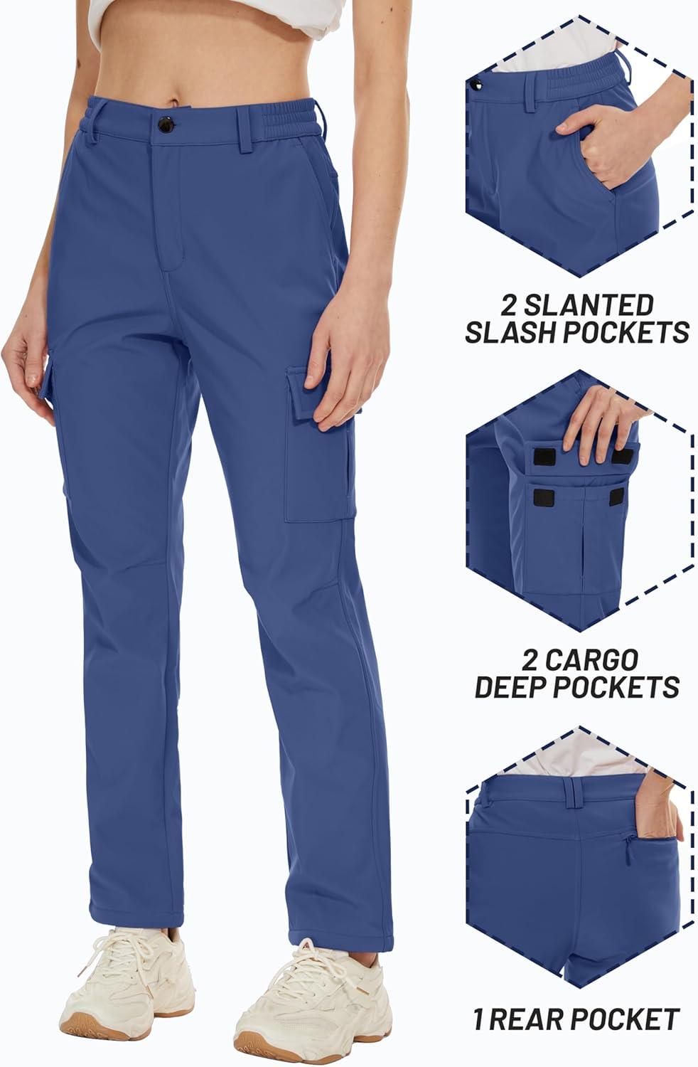 imageTACVASEN Womens Outdoor Fleece Lined Hiking Pants Windproof Snow Pants Work Pants Blue Grey XL