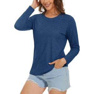 imageTACVASEN Womens Long Sleeve Shirt Lightweight Cotton Crewneck TShirts Breathable ClassicFit Casual Tops Basic TeesDark Blue Heather