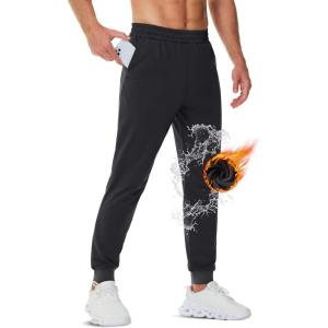 imageTACVASEN Mens Fleece Lined Joggers with Pockets Winter Warm Sweatpants Water Resistant Gym Workout Athletic Pants MenBlack