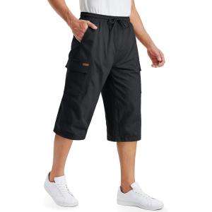 imageTACVASEN Mens Long Cargo Shorts Cotton Below Knee Capris with 6 Pockets Drawstring Elastic Waistband Capri Pants01black