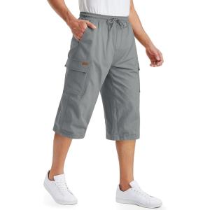 imageTACVASEN Mens Long Cargo Shorts Cotton Below Knee Capris with 6 Pockets Drawstring Elastic Waistband Capri Pants03lgray
