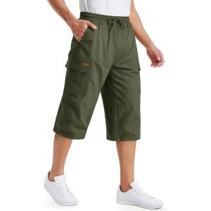 imageTACVASEN Mens Long Cargo Shorts Cotton Below Knee Capris with 6 Pockets Drawstring Elastic Waistband Capri Pants04armygreen