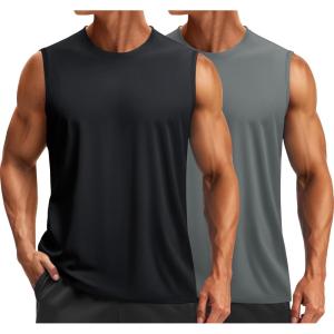 imageTACVASEN Sleeveless Shirts for Men 2Pack Quick Dry Tank Tops Lightweight UPF 50 Running Gym Workout Muscle ShirtsBlackDark Grey