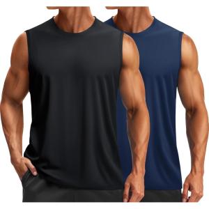 imageTACVASEN Sleeveless Shirts for Men 2Pack Quick Dry Tank Tops Lightweight UPF 50 Running Gym Workout Muscle ShirtsBlackNavy
