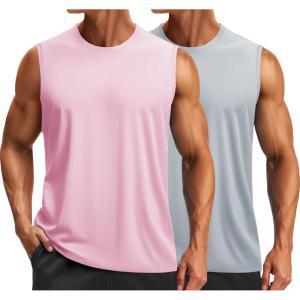 imageTACVASEN Sleeveless Shirts for Men 2Pack Quick Dry Tank Tops Lightweight UPF 50 Running Gym Workout Muscle ShirtsPinkLight Grey