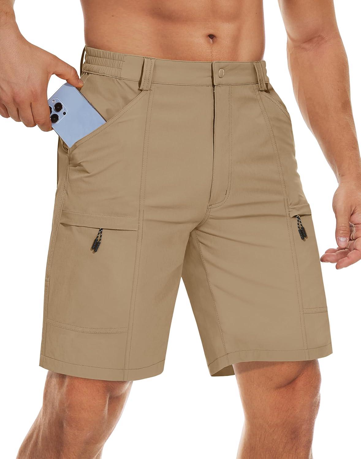 imageTACVASEN Mens Hiking Cargo Shorts 10quot Quick Dry Lightweight Casual Golf Work Shorts with Zipper Pocket Summer OutdoorKhaki