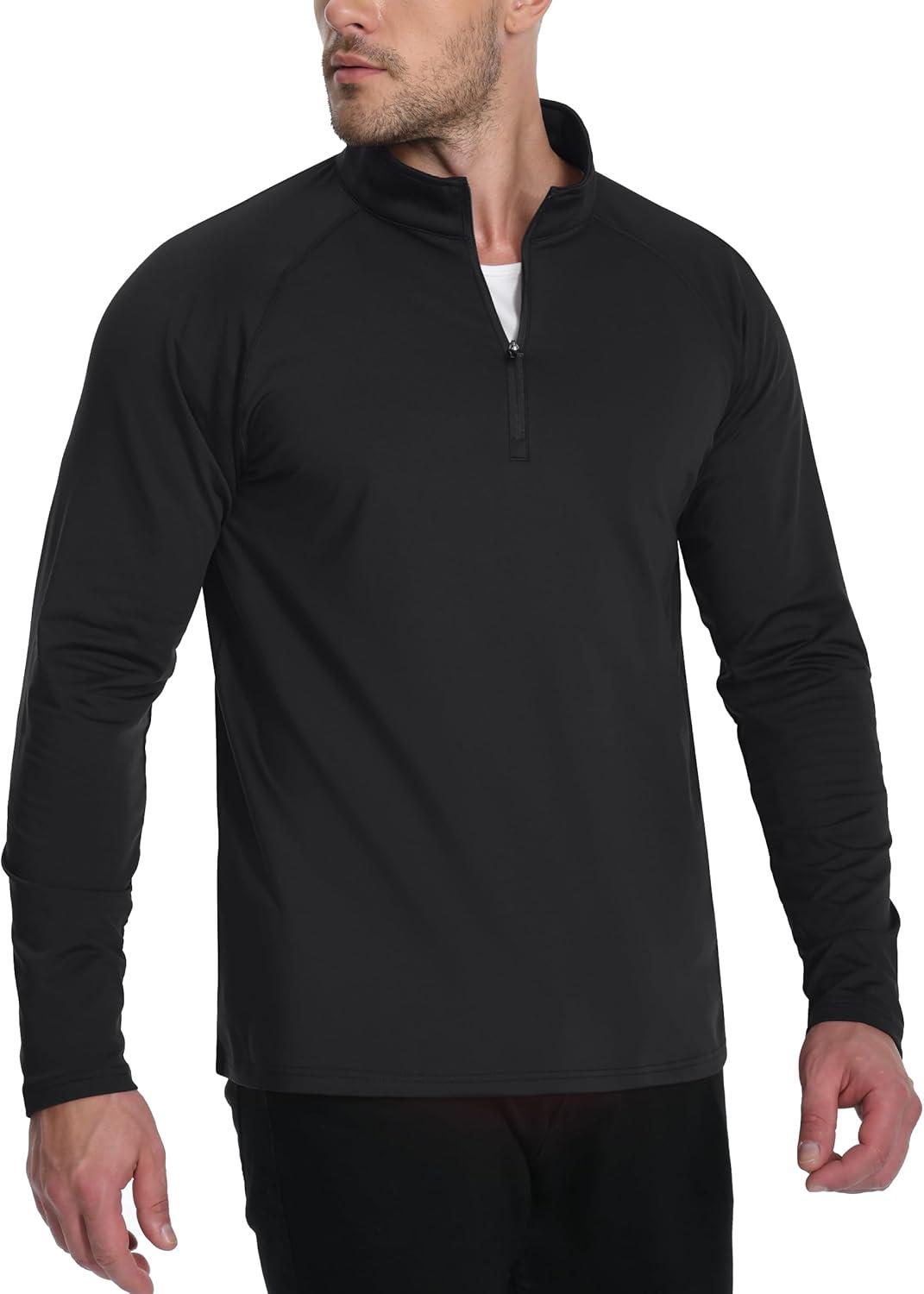 imageTACVASEN Mens Quarter Zip Pullover Fleece Lined Thermal Long Sleeve Golf Shirt 14 Zip Warm Winter SweatshirtsBlack