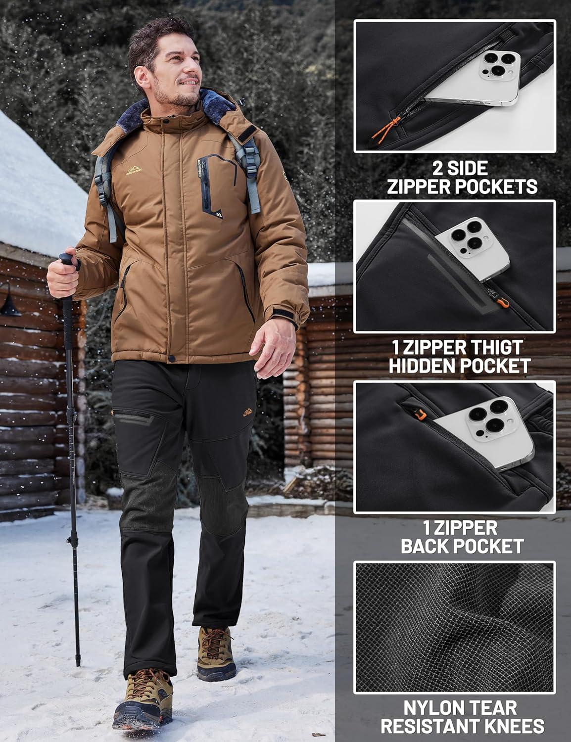 imageTACVASEN Mens Snow Ski Pants Winter Fleece Lined Pants for Mens Water Resistant Snowboarding HikingBlack