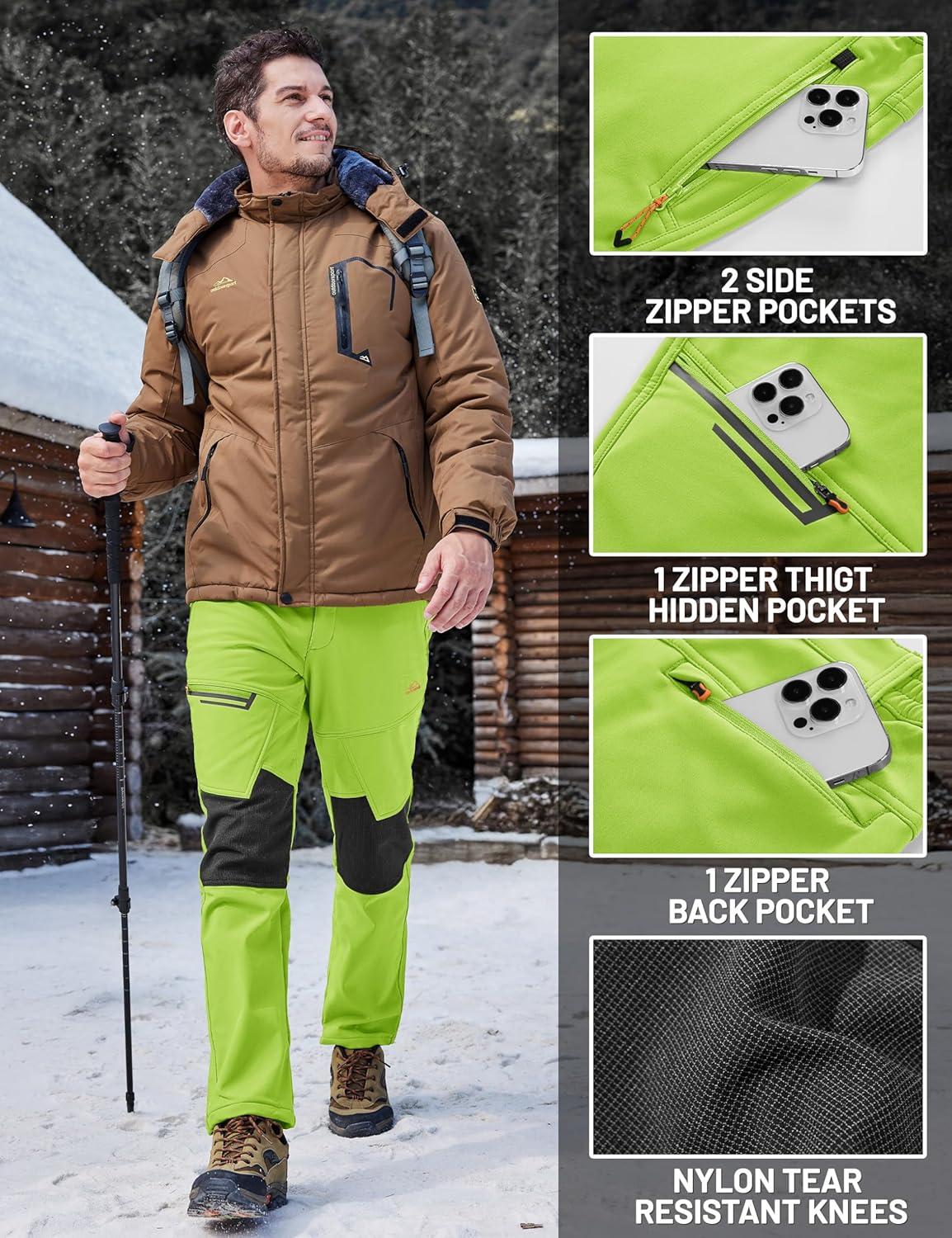 imageTACVASEN Mens Snow Ski Pants Winter Fleece Lined Pants for Mens Water Resistant Snowboarding HikingBright Green