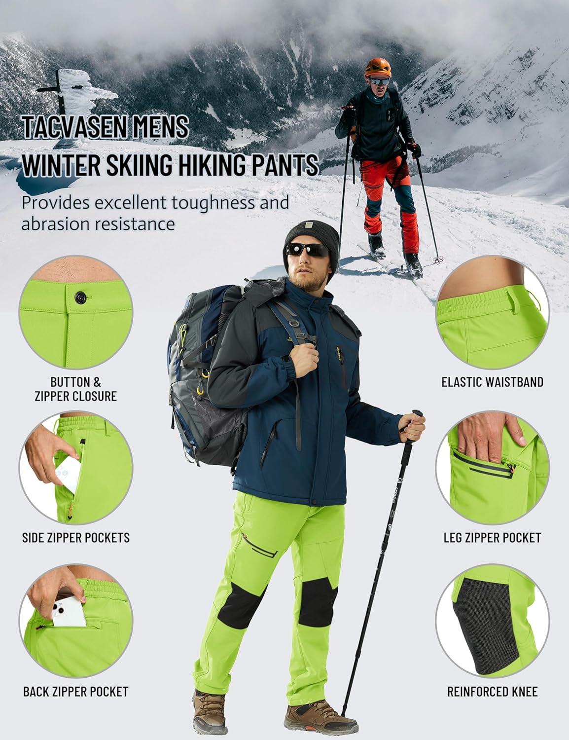 imageTACVASEN Mens Snow Ski Pants Winter Fleece Lined Pants for Mens Water Resistant Snowboarding HikingBright Green
