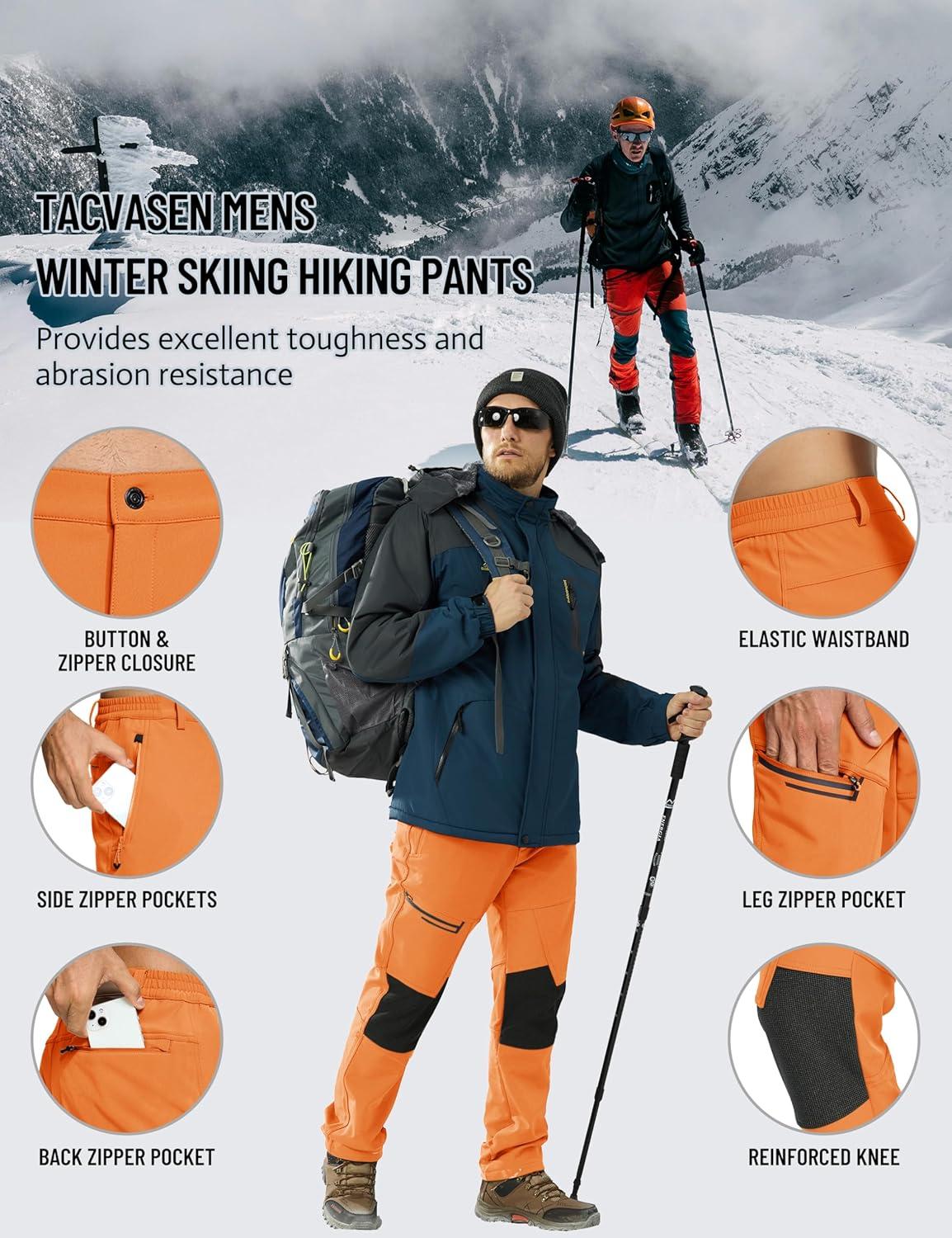 imageTACVASEN Mens Snow Ski Pants Winter Fleece Lined Pants for Mens Water Resistant Snowboarding HikingBright Orange