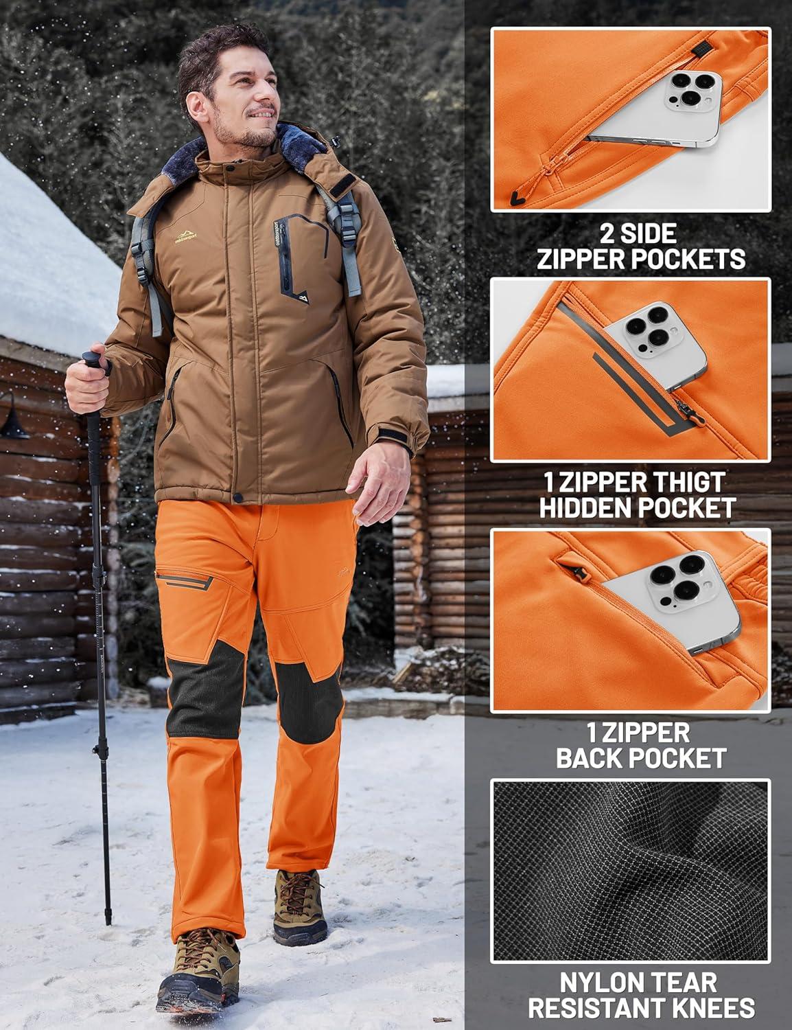 imageTACVASEN Mens Snow Ski Pants Winter Fleece Lined Pants for Mens Water Resistant Snowboarding HikingBright Orange