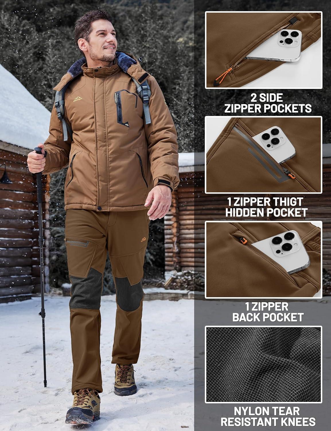 imageTACVASEN Mens Snow Ski Pants Winter Fleece Lined Pants for Mens Water Resistant Snowboarding HikingCoffee