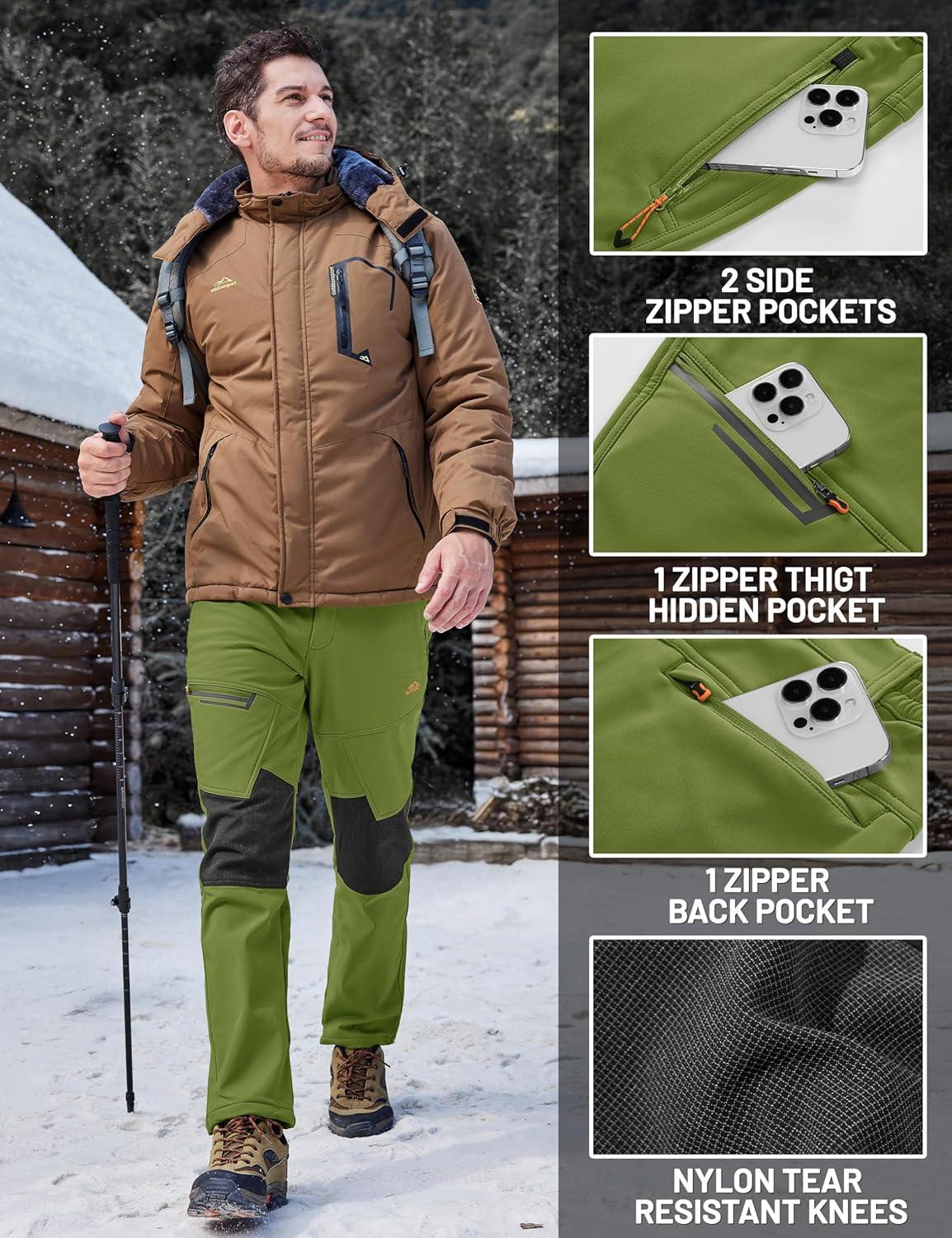 imageTACVASEN Mens Snow Ski Pants Winter Fleece Lined Pants for Mens Water Resistant Snowboarding HikingD Bright Green