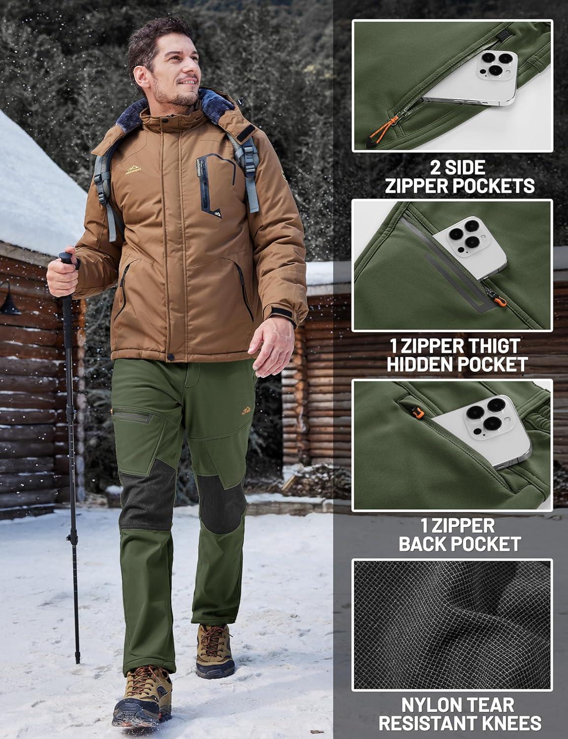 imageTACVASEN Mens Snow Ski Pants Winter Fleece Lined Pants for Mens Water Resistant Snowboarding HikingGreen