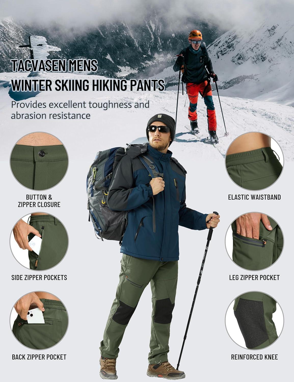 imageTACVASEN Mens Snow Ski Pants Winter Fleece Lined Pants for Mens Water Resistant Snowboarding HikingGreen