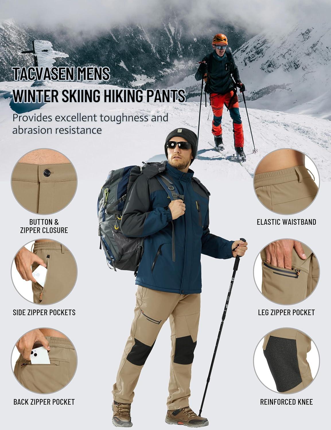 imageTACVASEN Mens Snow Ski Pants Winter Fleece Lined Pants for Mens Water Resistant Snowboarding HikingKhaki