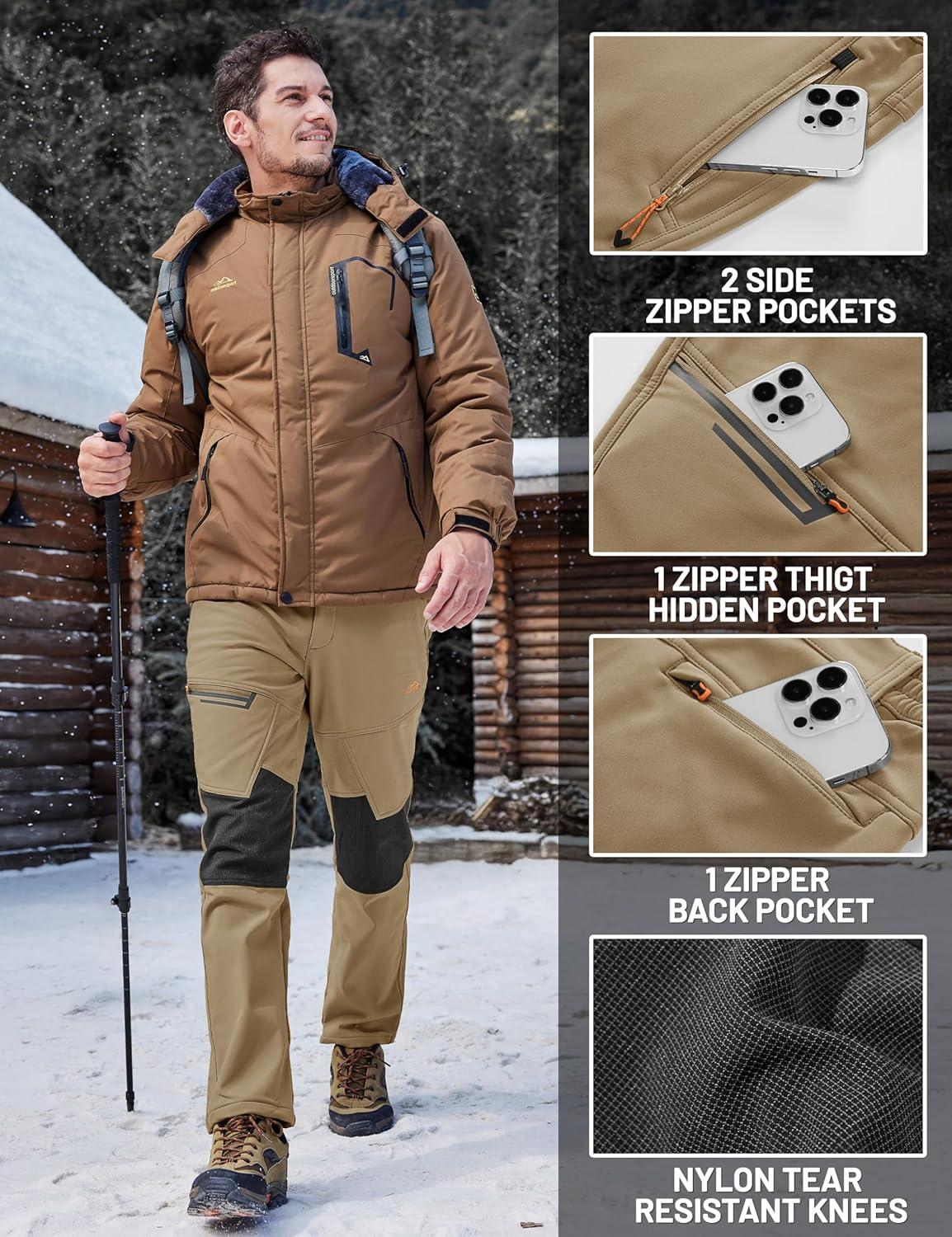 imageTACVASEN Mens Snow Ski Pants Winter Fleece Lined Pants for Mens Water Resistant Snowboarding HikingKhaki