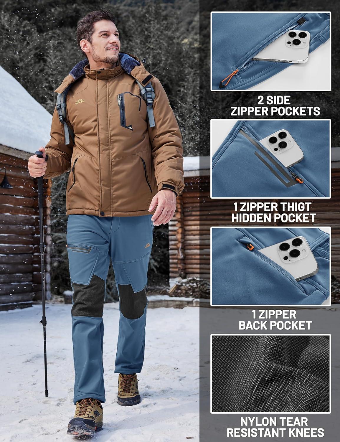 imageTACVASEN Mens Snow Ski Pants Winter Fleece Lined Pants for Mens Water Resistant Snowboarding HikingLight Blue