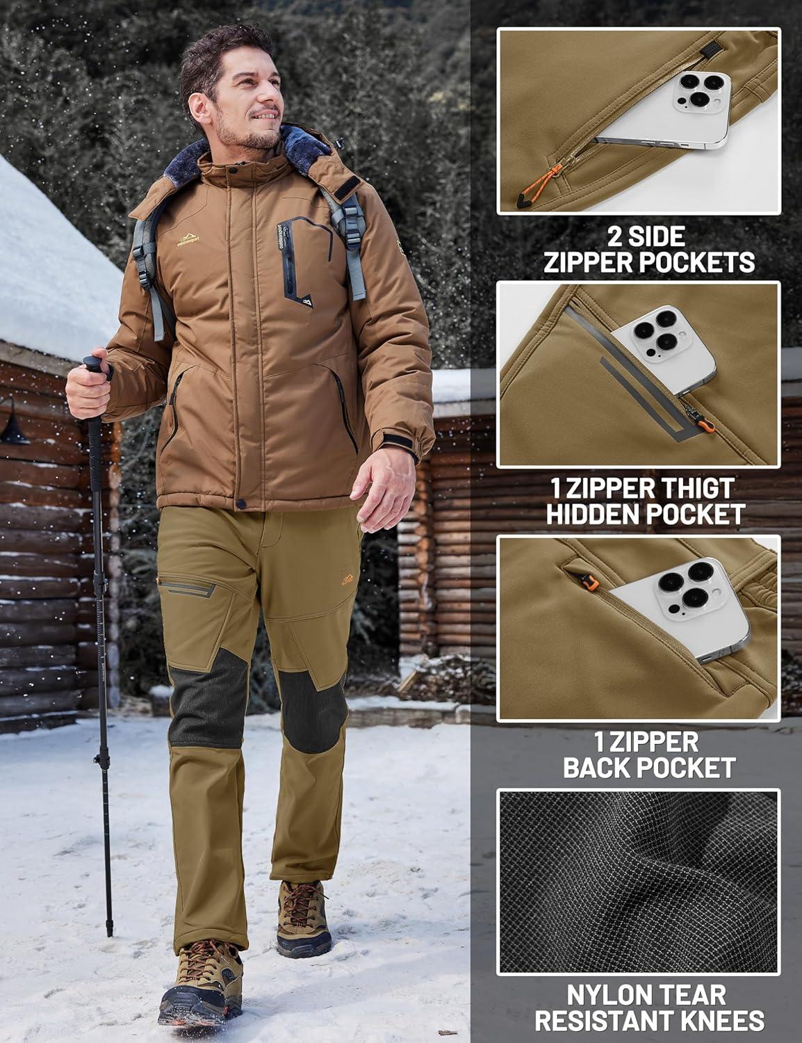 imageTACVASEN Mens Snow Ski Pants Winter Fleece Lined Pants for Mens Water Resistant Snowboarding HikingLight Brown