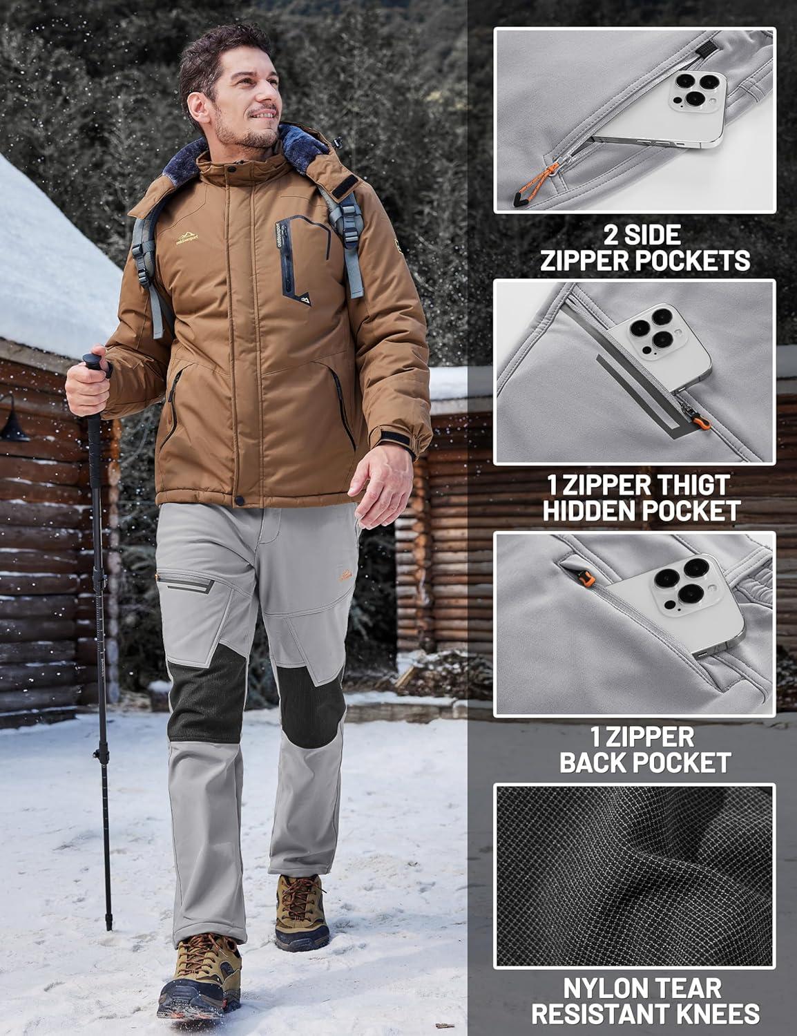 imageTACVASEN Mens Snow Ski Pants Winter Fleece Lined Pants for Mens Water Resistant Snowboarding HikingLight Gray