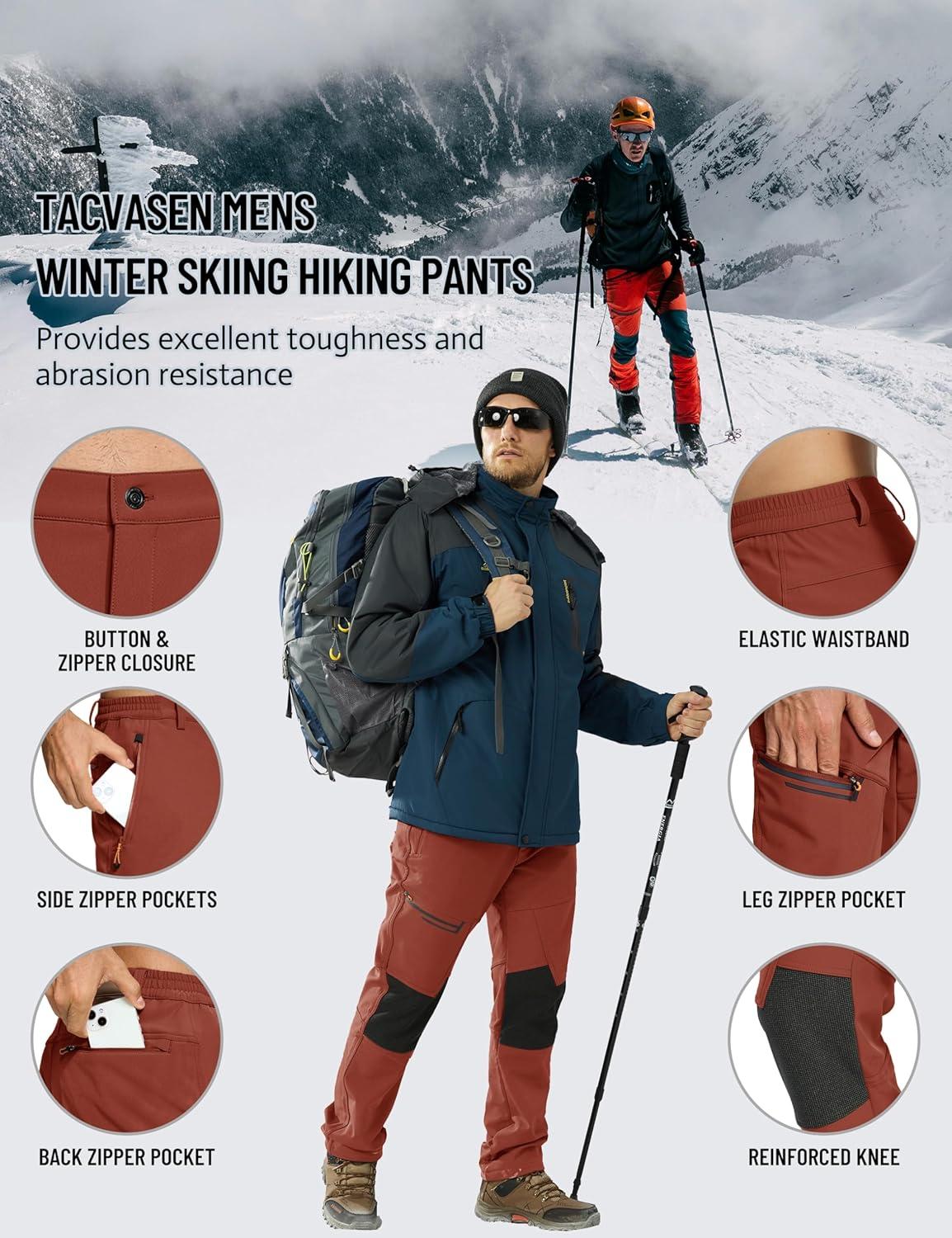 imageTACVASEN Mens Snow Ski Pants Winter Fleece Lined Pants for Mens Water Resistant Snowboarding HikingOrange Red