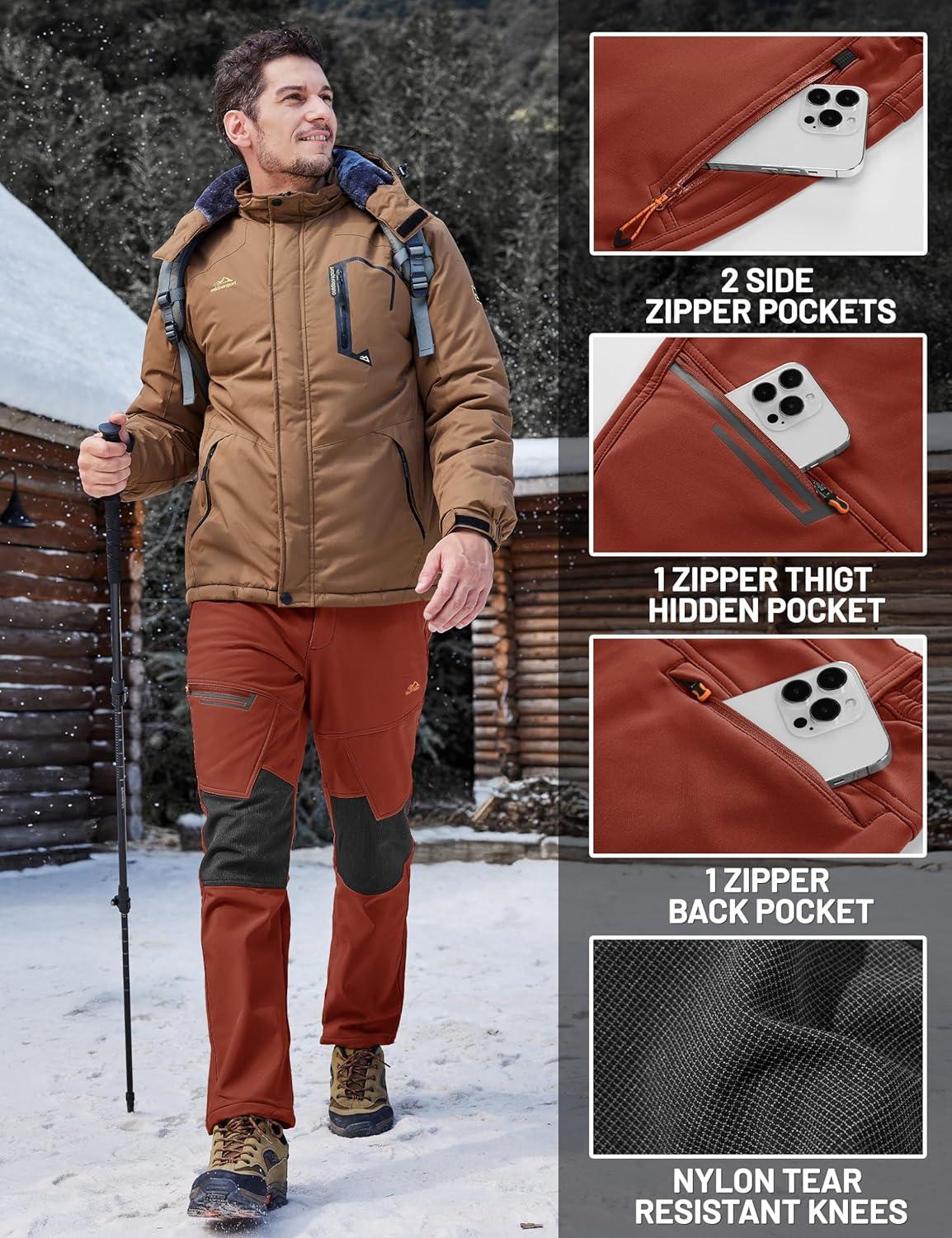 imageTACVASEN Mens Snow Ski Pants Winter Fleece Lined Pants for Mens Water Resistant Snowboarding HikingOrange Red