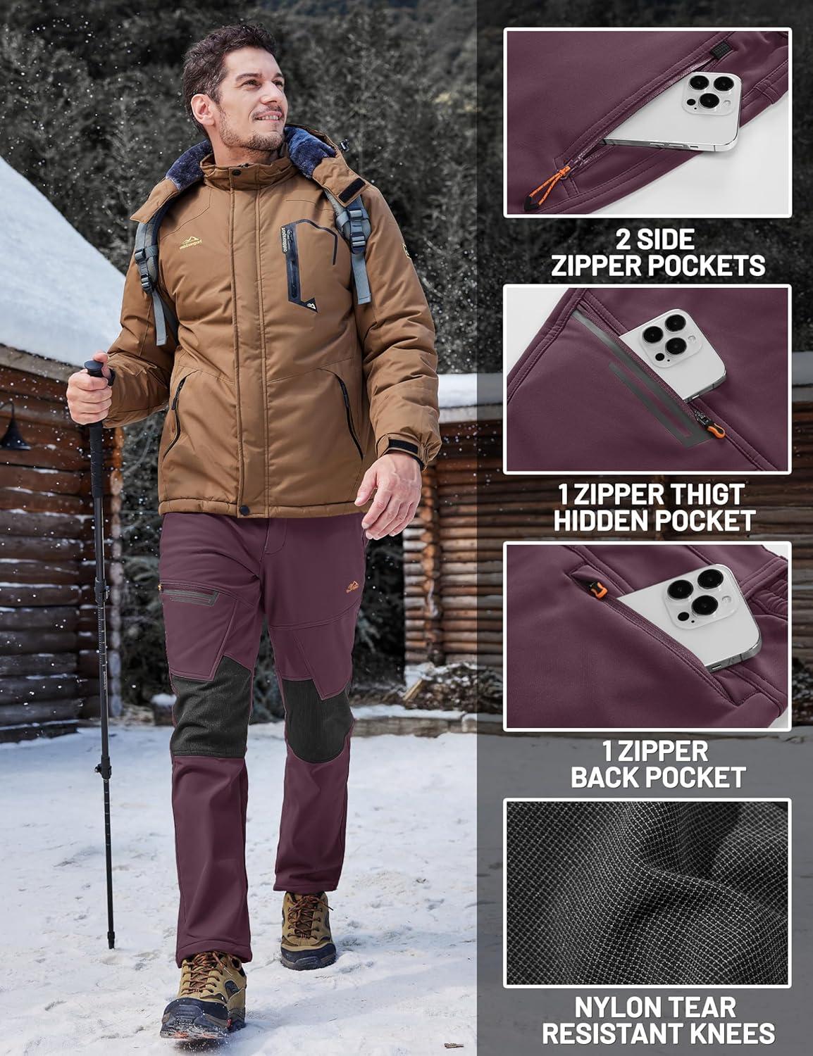 imageTACVASEN Mens Snow Ski Pants Winter Fleece Lined Pants for Mens Water Resistant Snowboarding HikingPurple Red