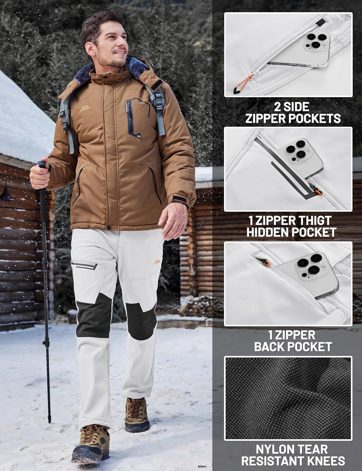 imageTACVASEN Mens Snow Ski Pants Winter Fleece Lined Pants for Mens Water Resistant Snowboarding HikingWhite