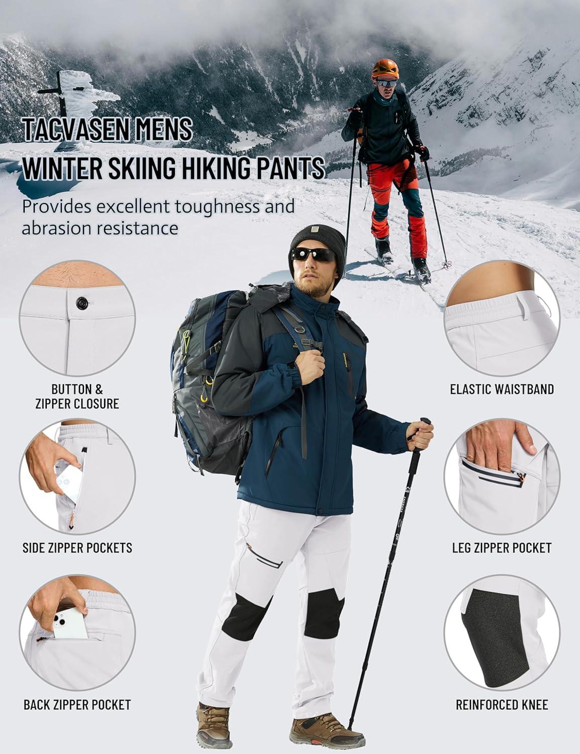 imageTACVASEN Mens Snow Ski Pants Winter Fleece Lined Pants for Mens Water Resistant Snowboarding HikingWhite