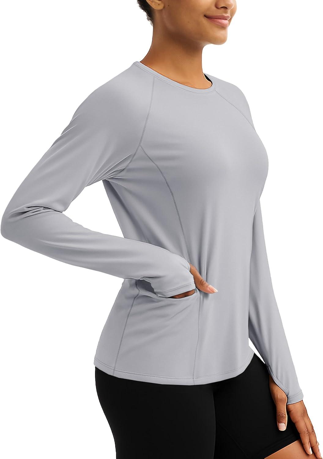imageTACVASEN Sun Shirt Women Long Sleeve Athletic Yoga UPF 50 Tops with Thumb Holes Quick Dry UV Protection Running ShirtsBrightgray