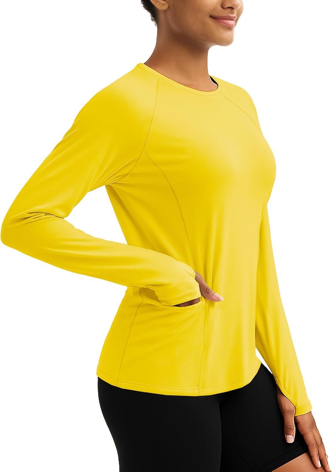 imageTACVASEN Sun Shirt Women Long Sleeve Athletic Yoga UPF 50 Tops with Thumb Holes Quick Dry UV Protection Running ShirtsBrightyellow