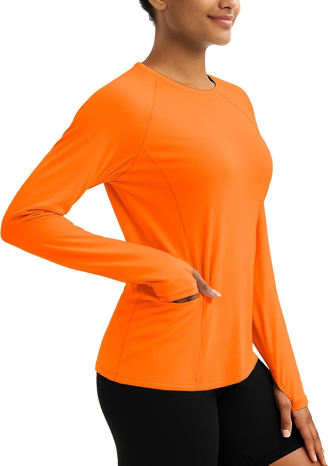 imageTACVASEN Sun Shirt Women Long Sleeve Athletic Yoga UPF 50 Tops with Thumb Holes Quick Dry UV Protection Running ShirtsFrorange