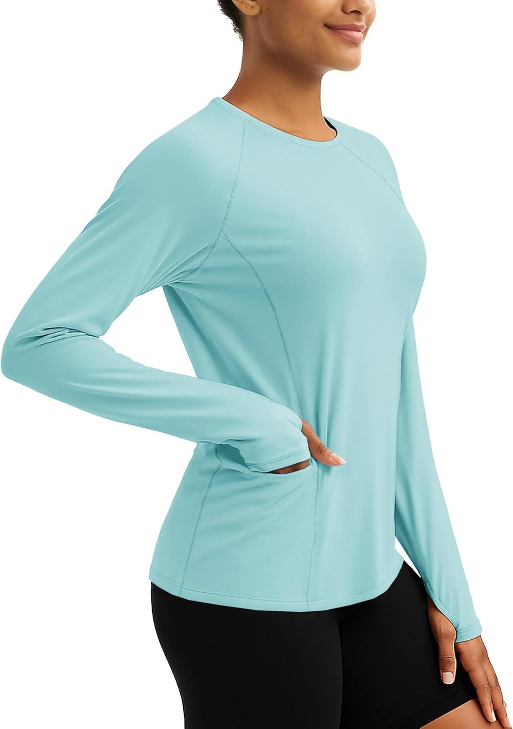 imageTACVASEN Sun Shirt Women Long Sleeve Athletic Yoga UPF 50 Tops with Thumb Holes Quick Dry UV Protection Running ShirtsLake Blue