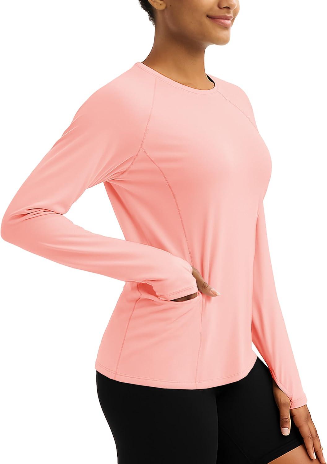 imageTACVASEN Sun Shirt Women Long Sleeve Athletic Yoga UPF 50 Tops with Thumb Holes Quick Dry UV Protection Running ShirtsLightpink