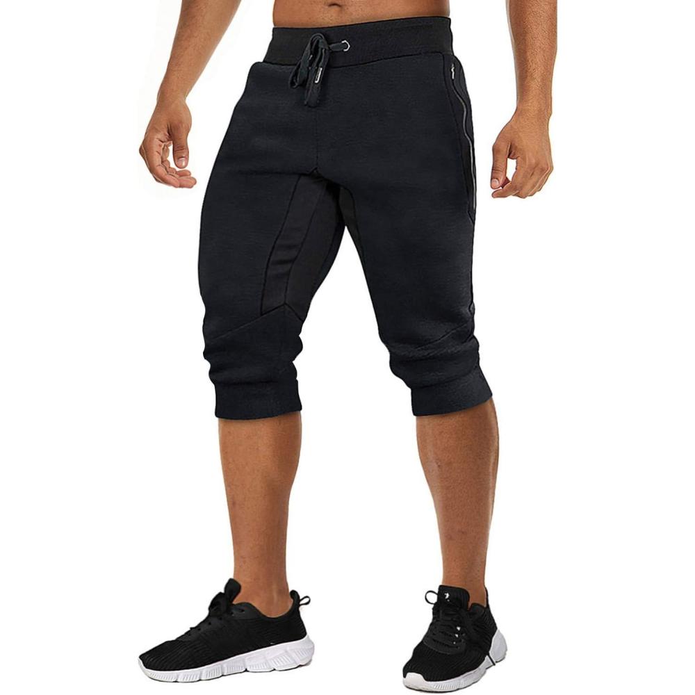 imageTACVASEN Mens 34 Long Cotton Casual Shorts Jogger Capri Pants Zipper Black