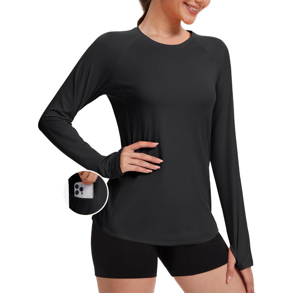 imageTACVASEN Sun Shirt Women Long Sleeve Athletic Yoga UPF 50 Tops with Thumb Holes Quick Dry UV Protection Running ShirtsBlack